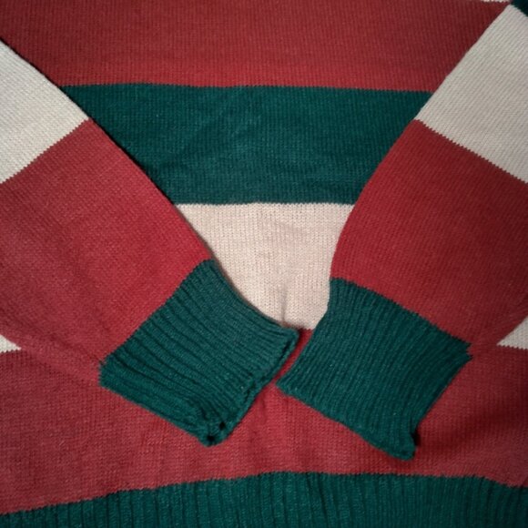Vintage Rugged Sweater M Retro Striped Greem Maroon Tan Crew Neck Virgin Acrylic - Picture 11 of 15